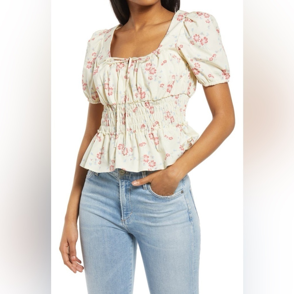 WAYF Lucian Floral Smocked Waist Boho Top. SZ M